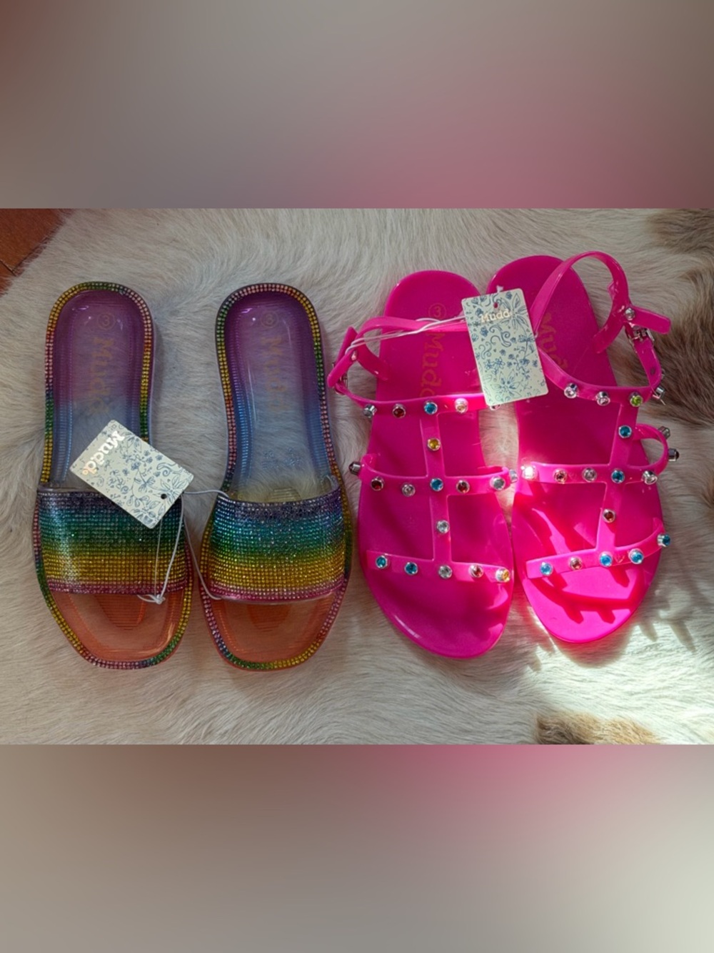 Mudd Papaya NWT Youth Sz 3 Qty 2 Hot Pink Jelly Sandals & Rainbow Mules (SH341)